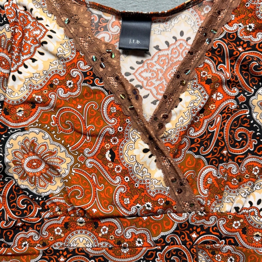 J.T.B. Beaded Orange Paisley Medallion Lace Trim Asymmetric Wrap Top Size M - Picture 6 of 8